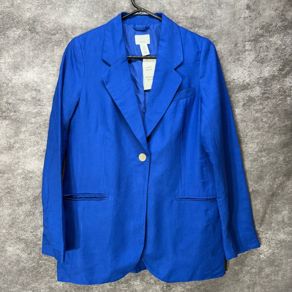H&M Linen Blend Blazer Jacket Womens Size XS Royal Blue Academia Preppy Career